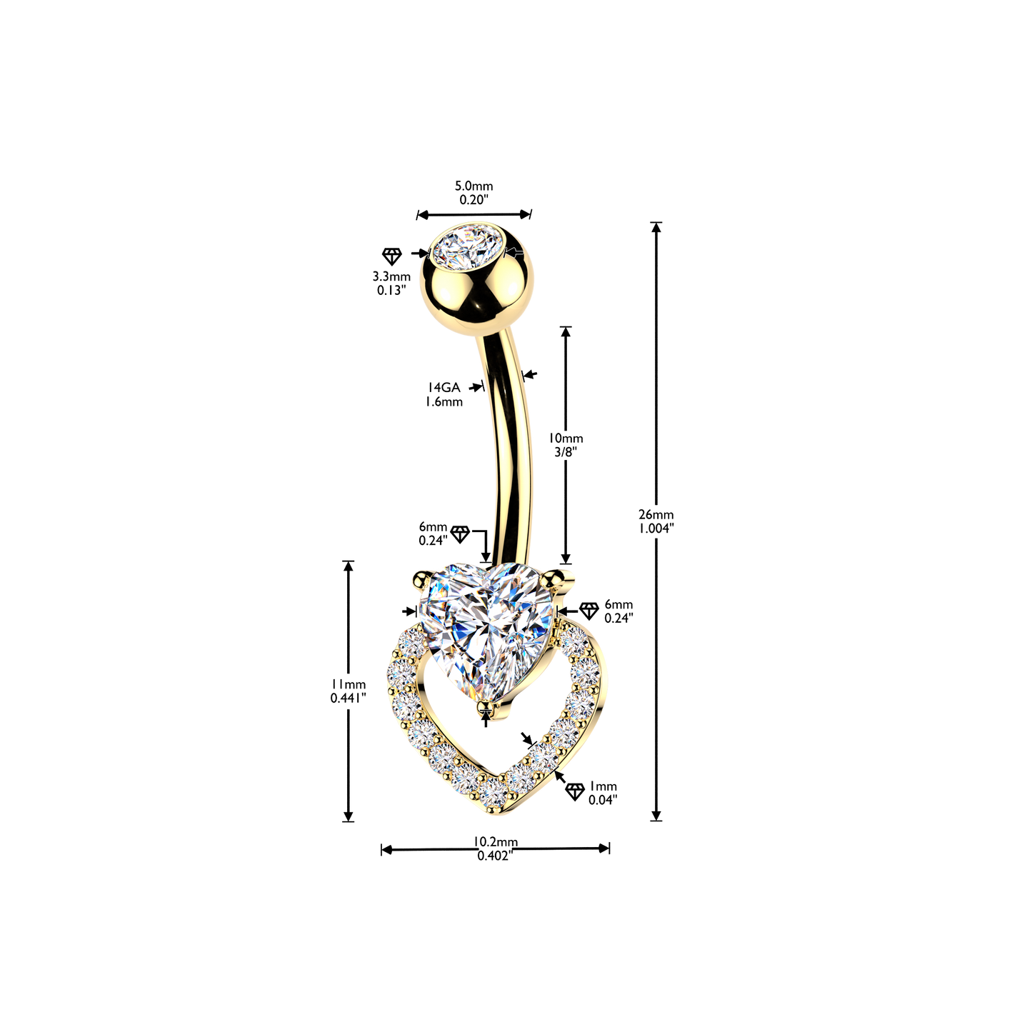 Double Heart Navel Barbell 14g
