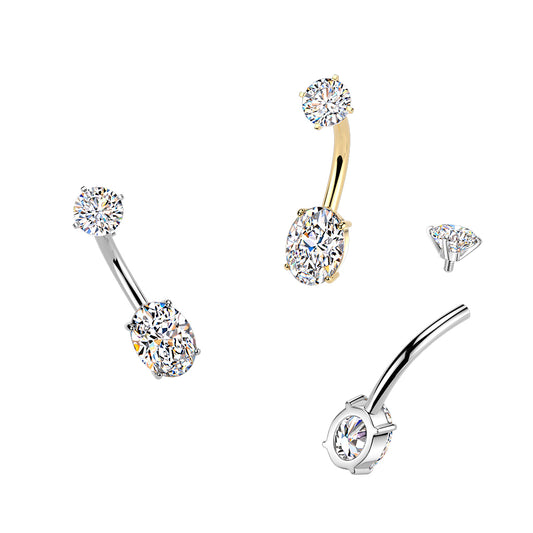 Premium Surgical Steel Oval Crystal Navel Barbell 14g