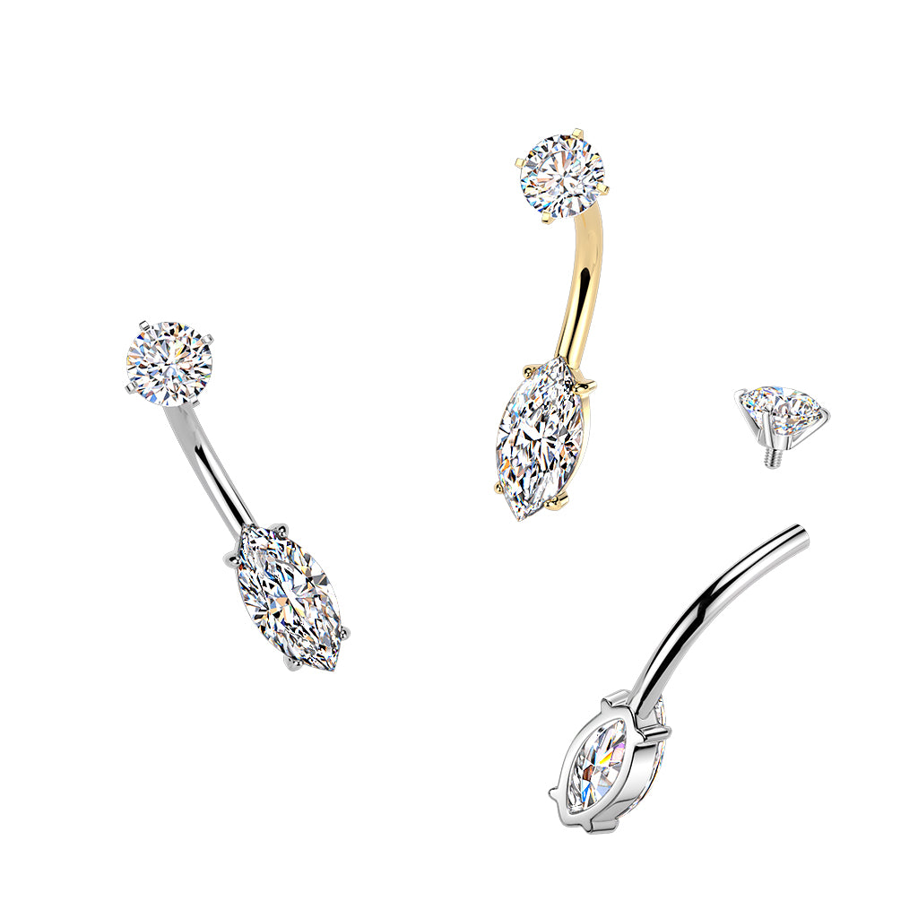 Premium Surgical Steel Marquise Crystal Navel Barbell 14g