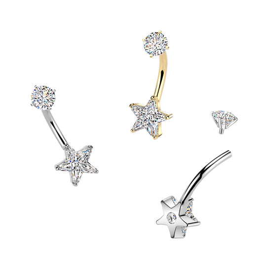 Premium Surgical Steel Star Crystal Navel Barbell 14g
