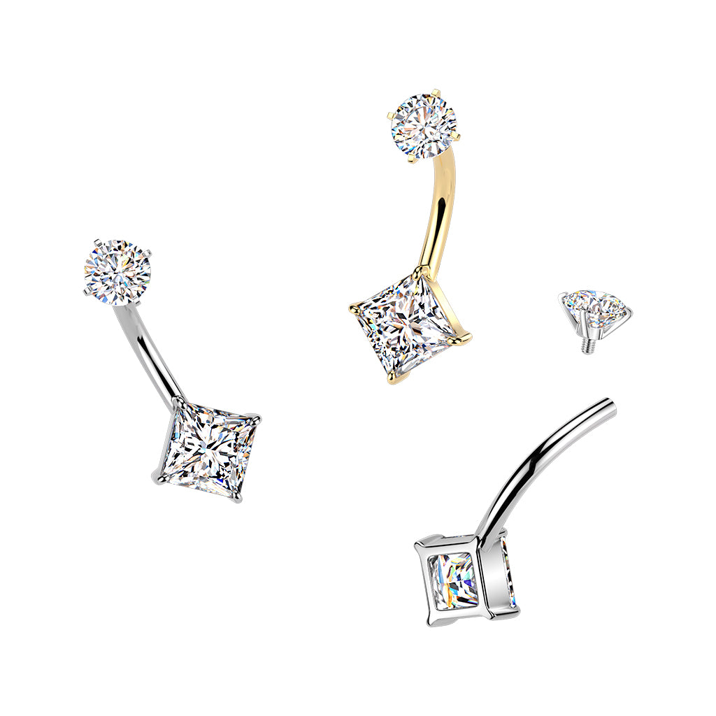 Premium Surgical Steel Rhombus Crystal Navel Barbell 14g