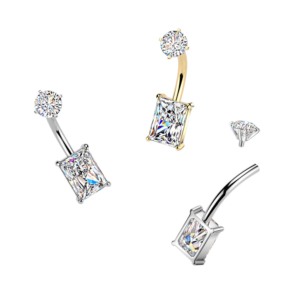 Premium Surgical Steel Rectangle Crystal Navel Barbell 14g