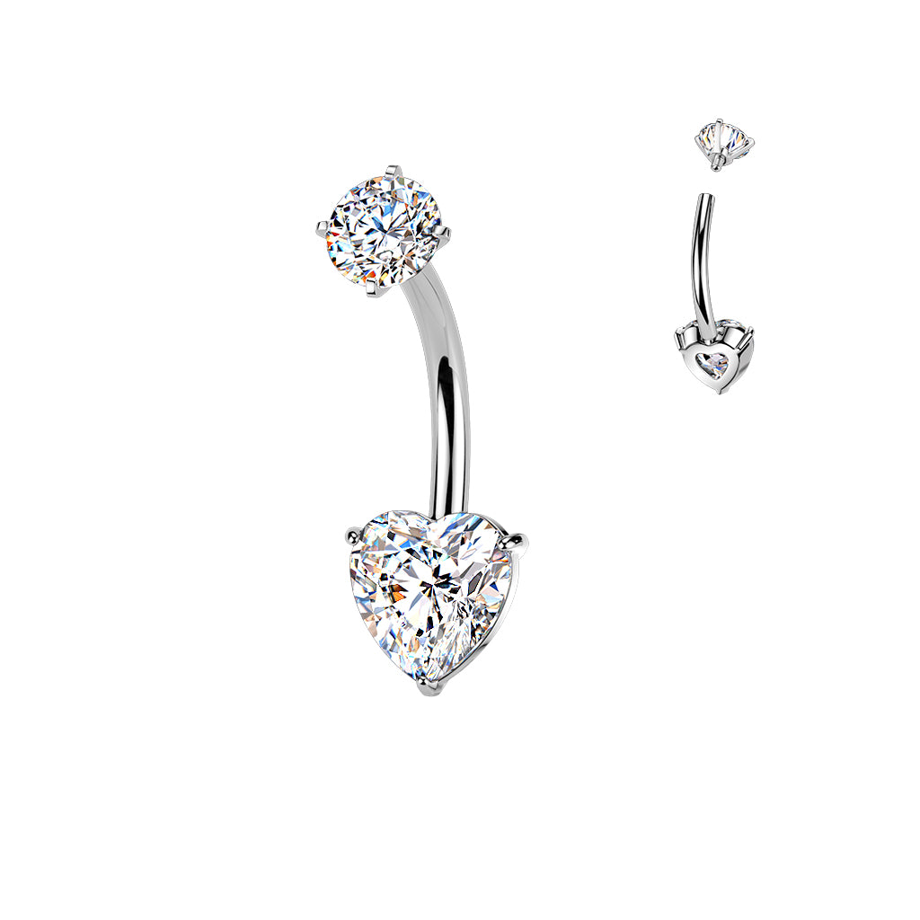 Premium Surgical Steel Heart Crystal Navel Barbell 14g