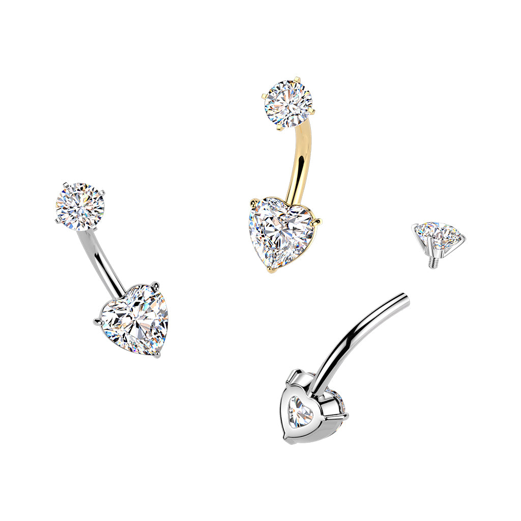 Premium Surgical Steel Heart Crystal Navel Barbell 14g