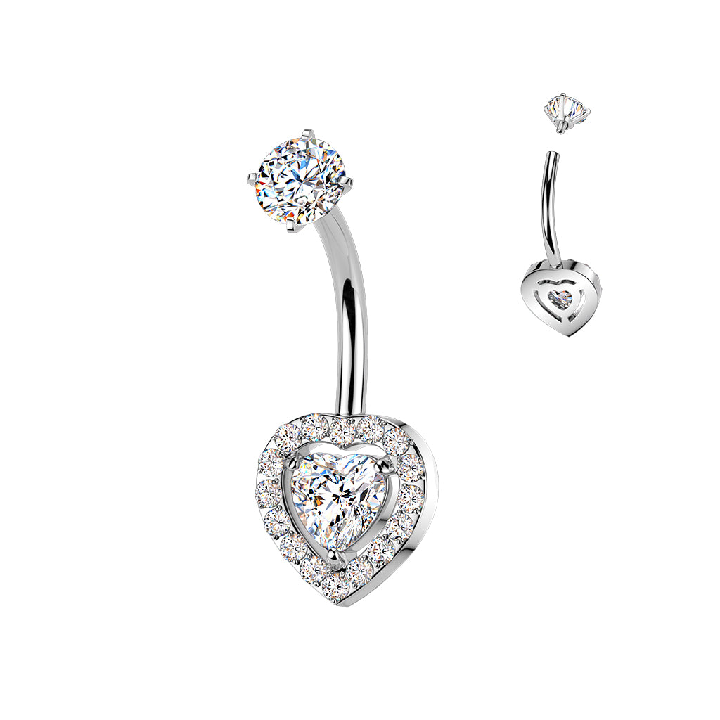 Premium Surgical Steel Halo Heart Crystal Navel Barbell 14g