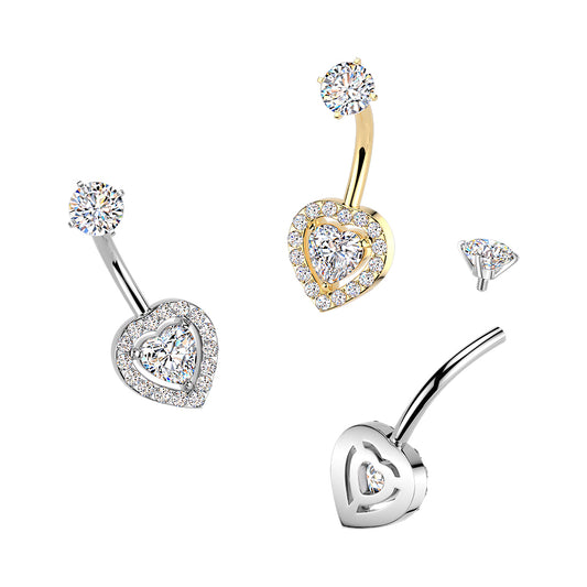 Premium Surgical Steel Halo Heart Crystal Navel Barbell 14g
