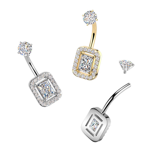 Premium Surgical Steel Halo Rectangle Crystal Navel Barbell 14g