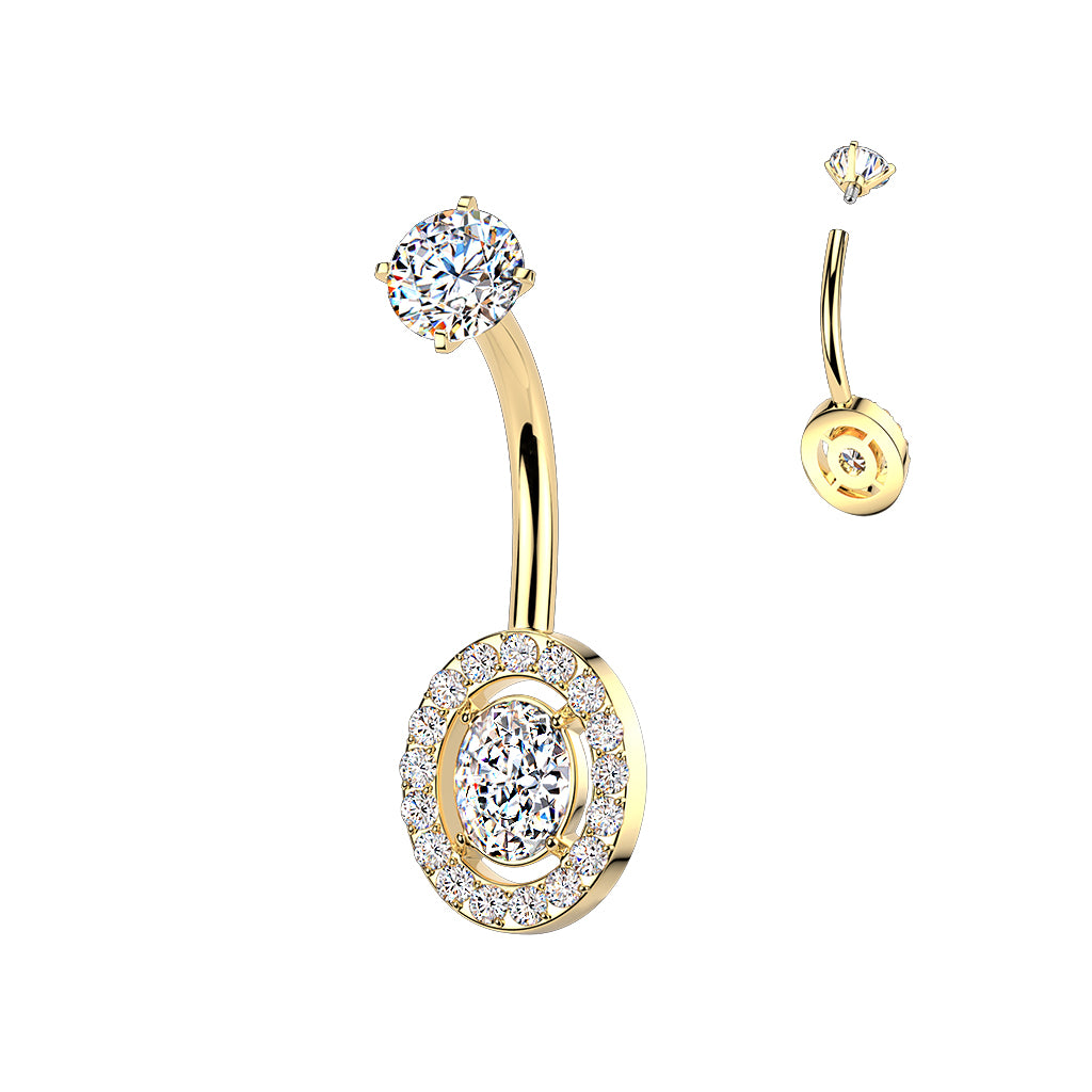 Premium Surgical Steel Halo Oval Crystal Navel Barbell 14g