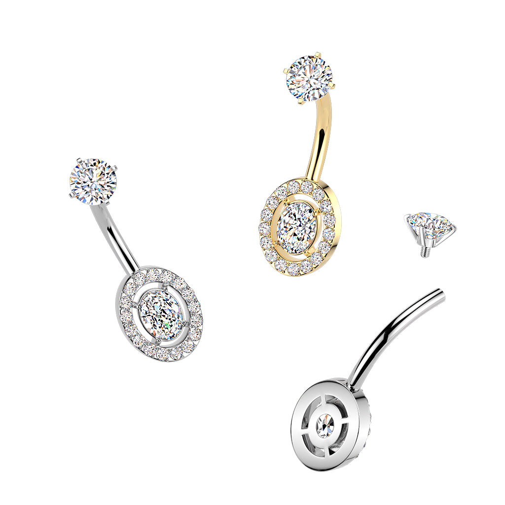 Premium Surgical Steel Halo Oval Crystal Navel Barbell 14g