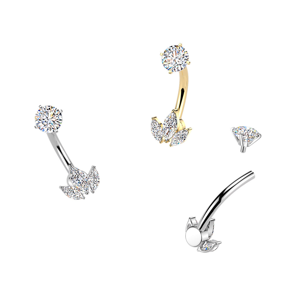 Premium Surgical Steel Leaf Crystal Navel Barbell 14g