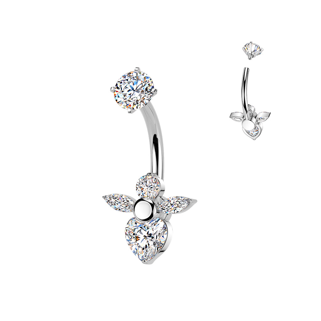Premium Surgical Steel Wing Heart Crystal Navel Barbell 14g