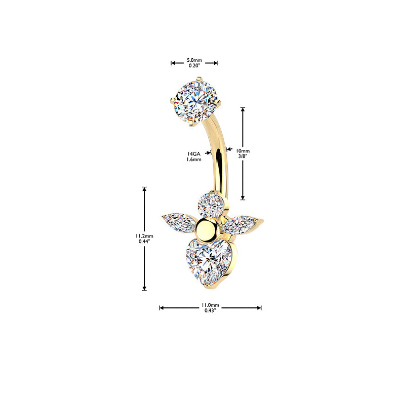 Premium Surgical Steel Wing Heart Crystal Navel Barbell 14g