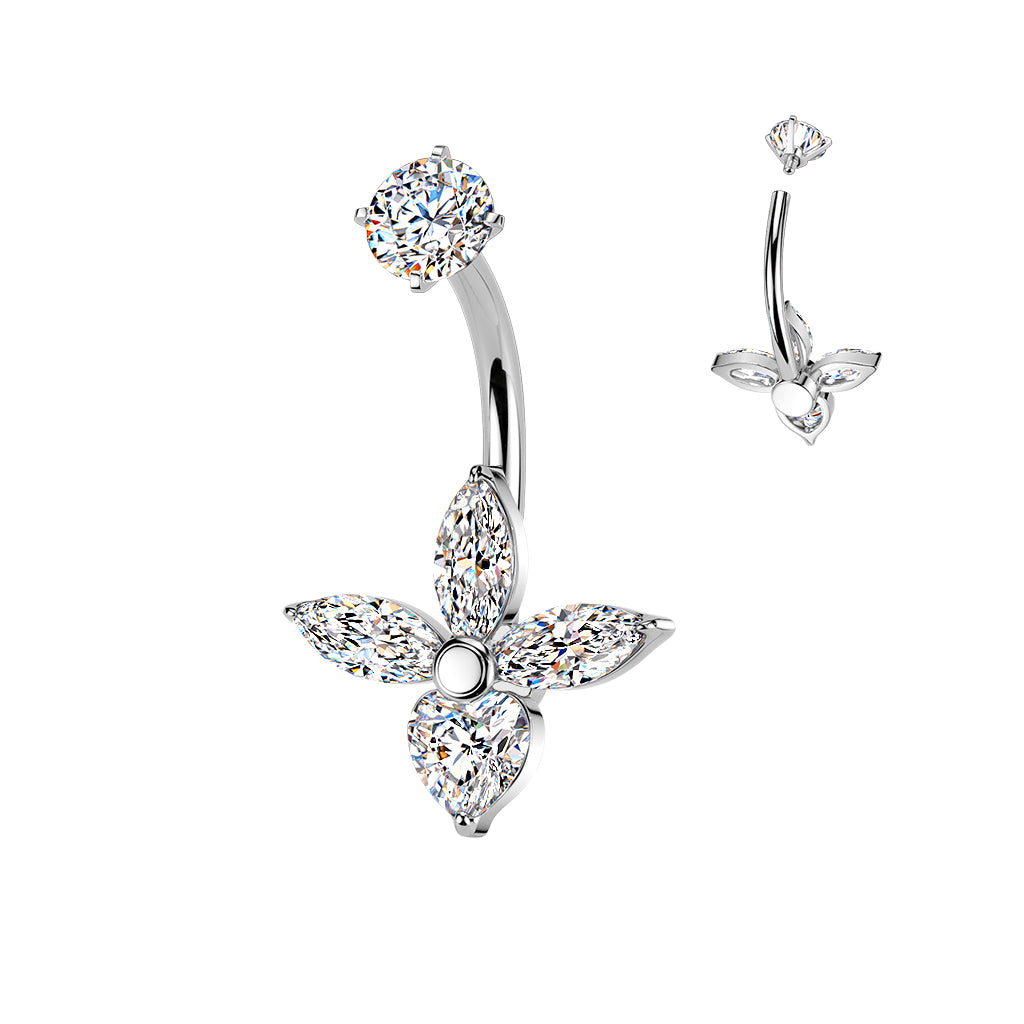 Premium Surgical Steel Marquise Flower Crystal Navel Barbell 14g
