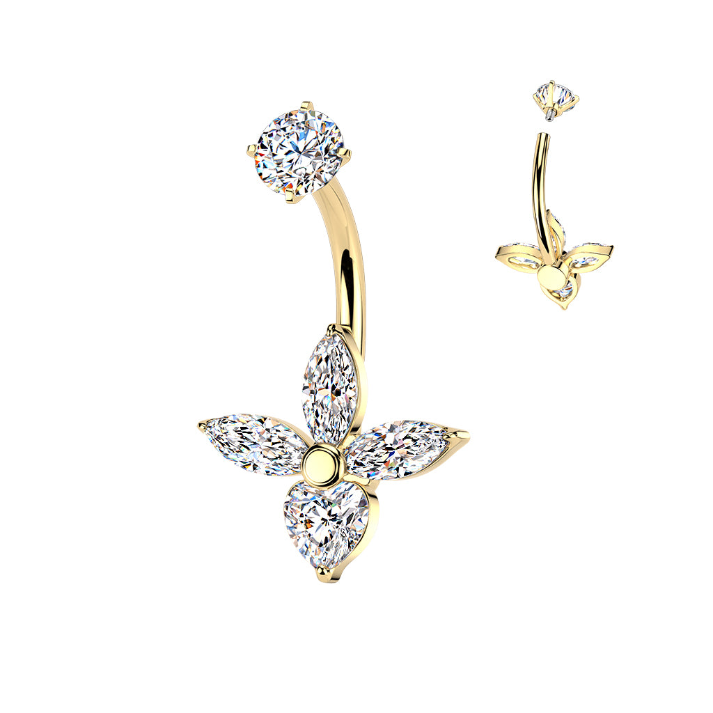 Premium Surgical Steel Marquise Flower Crystal Navel Barbell 14g