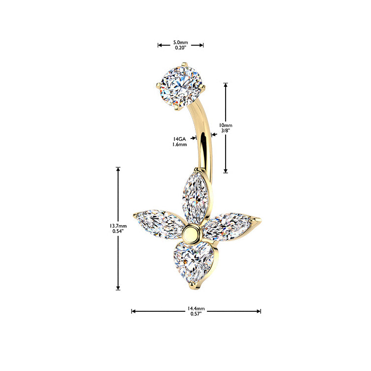 Premium Surgical Steel Marquise Flower Crystal Navel Barbell 14g