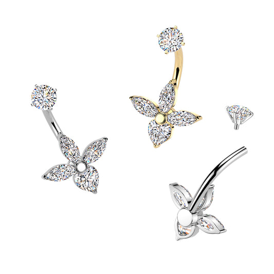 Premium Surgical Steel Marquise Flower Crystal Navel Barbell 14g