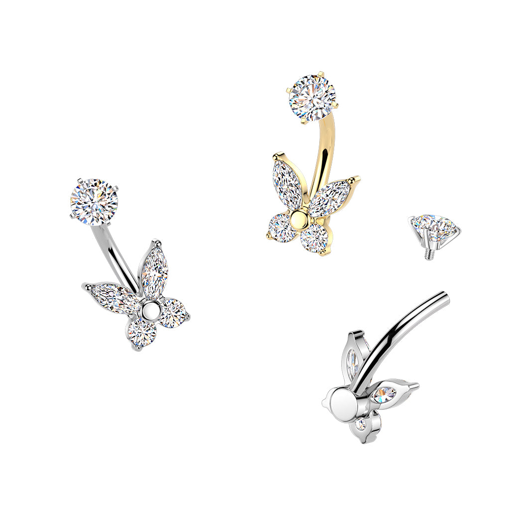 Premium Surgical Steel Butterfly Crystal Navel Barbell 14g