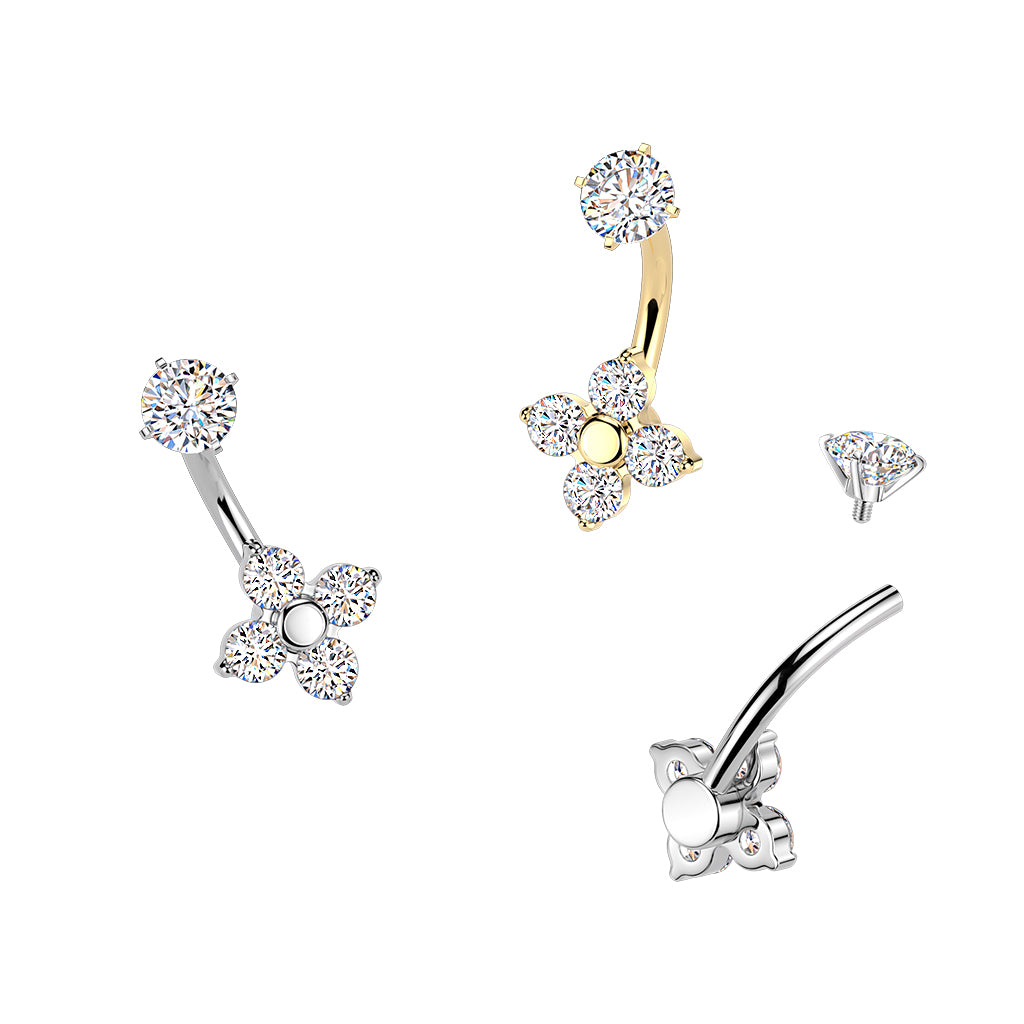 Premium Surgical Steel Lucky Flower Crystal Navel Barbell 14g