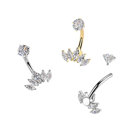 Premium Surgical Steel Marquise Lotus Crystal Navel Barbell 14g