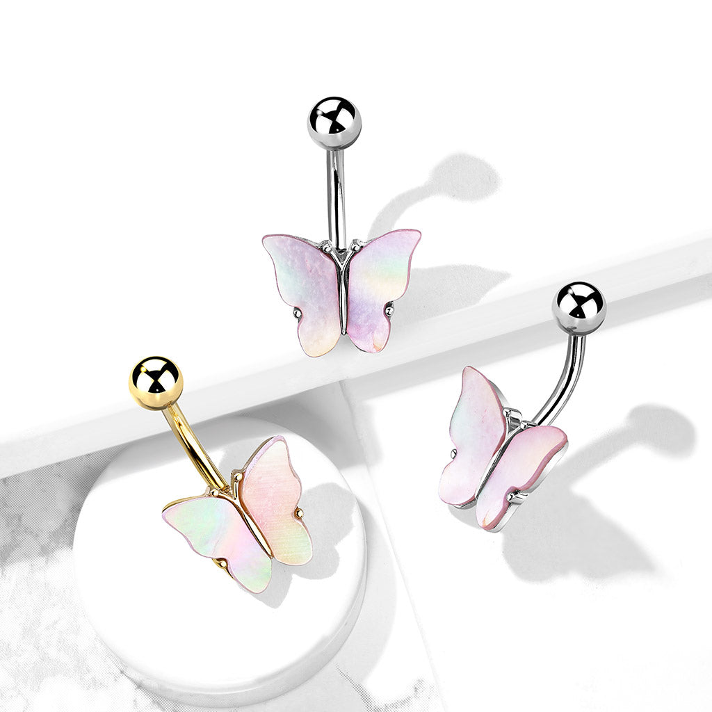 Mother of Pearl Butterfly Belly Ring 14g