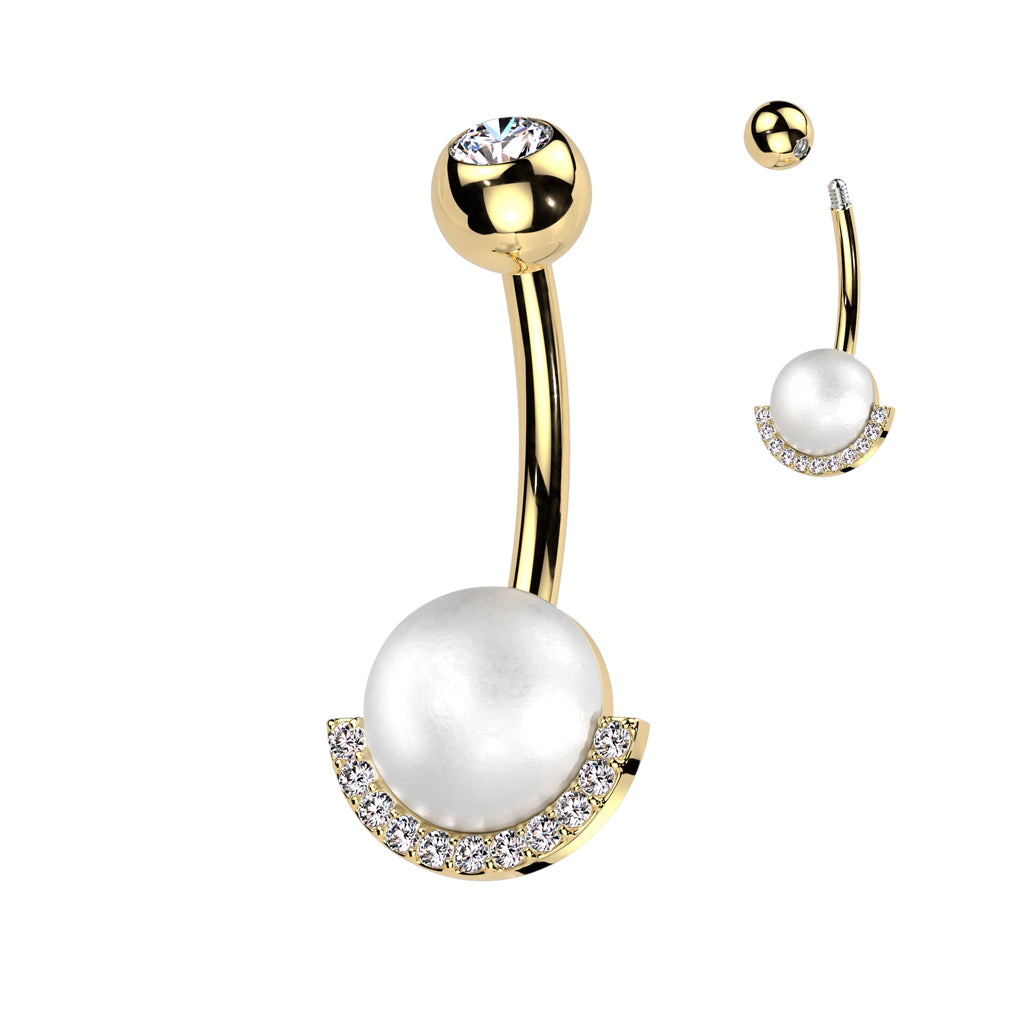 Pearl + Crystal Crescent Belly Ring 14g