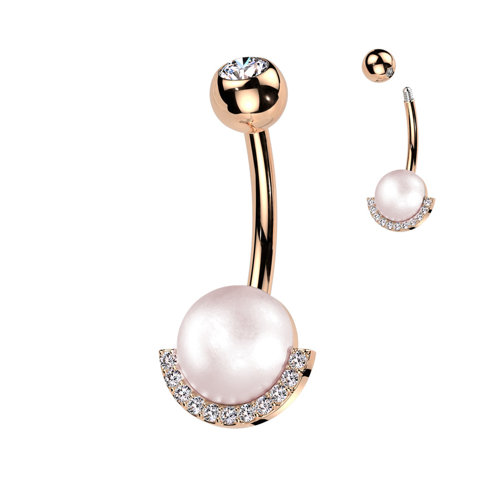 Pearl + Crystal Crescent Belly Ring 14g