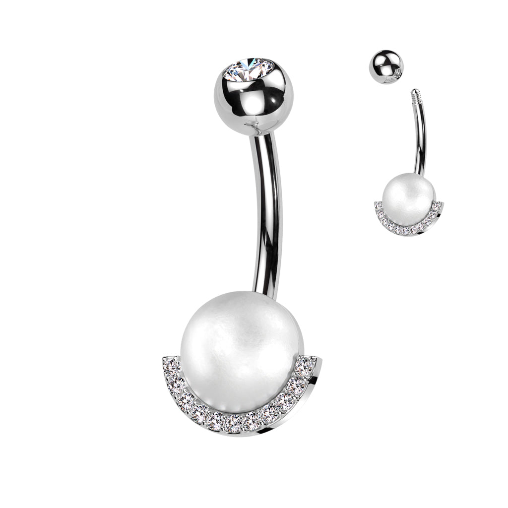Pearl + Crystal Crescent Belly Ring 14g