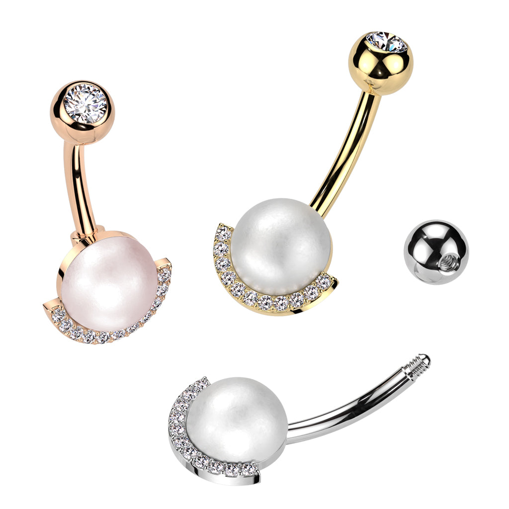 Pearl + Crystal Crescent Belly Ring 14g
