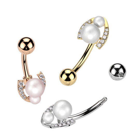 Dual Pearl + Crystal V-Frame Belly Ring 14g
