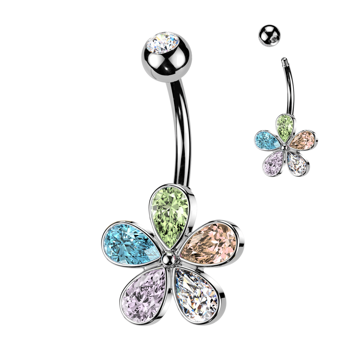 Crystal Teardrop Petal Flower Belly Ring 14g