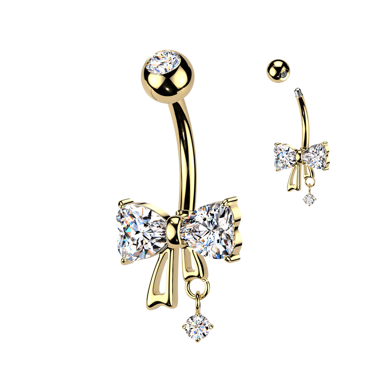 Crystal Heart Bow Belly Ring 14g