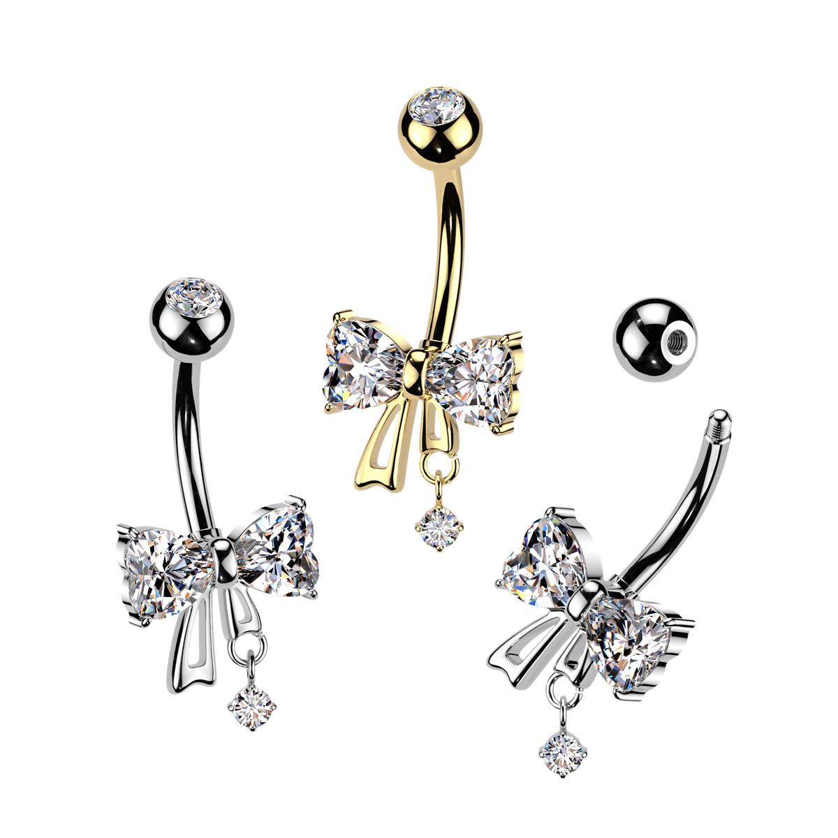 Crystal Heart Bow Belly Ring 14g