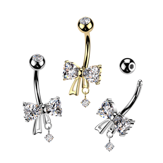 Crystal Heart Bow Belly Ring 14g