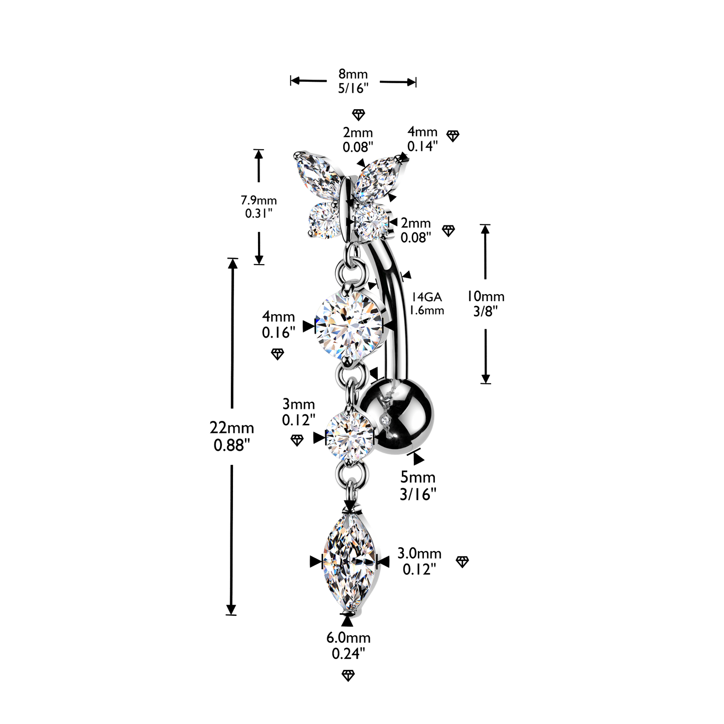 Butterfly Crystal Drop Inverted Navel Dangle 14g