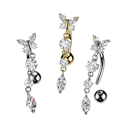 Butterfly Crystal Drop Inverted Navel Dangle 14g