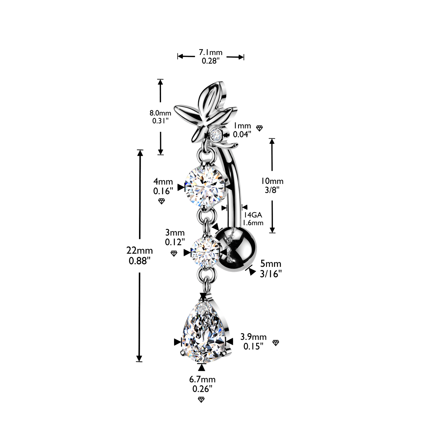 Bloom Crystal Drop Inverted Navel Dangle 14g
