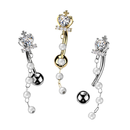 Majestic Heart Pearl Drop Inverted Navel Dangle 14g