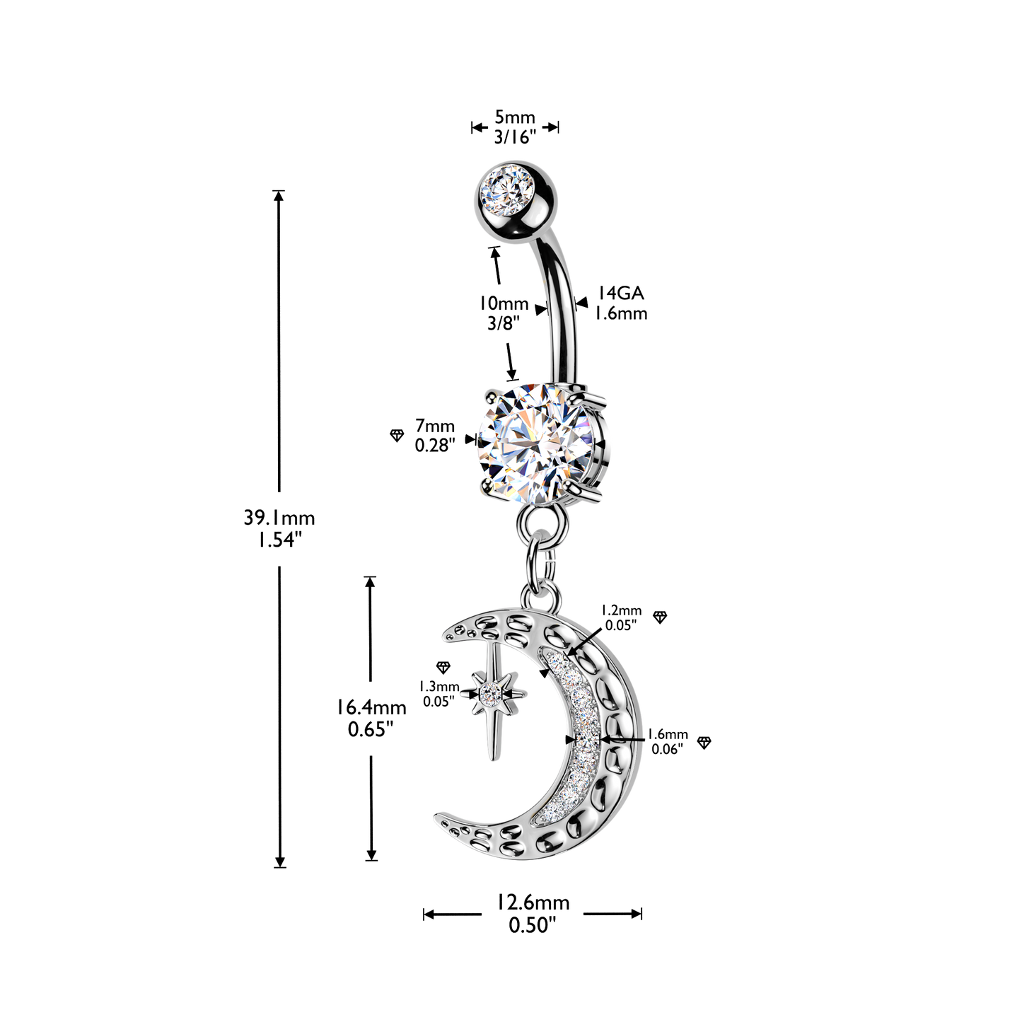 Crescent Moon + Star Navel Dangle 14g