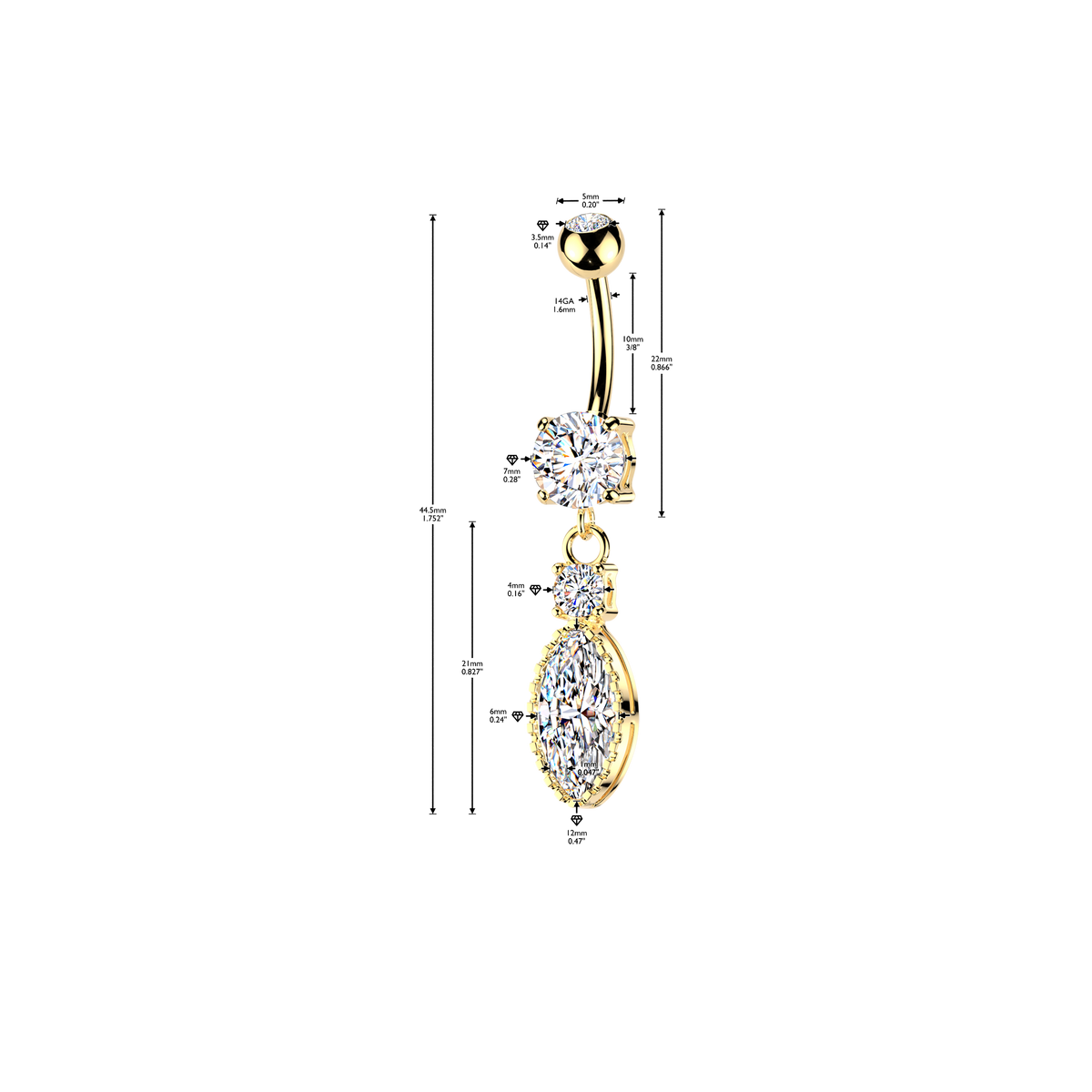 Crystal Marquise Drop Belly Dangle 14g