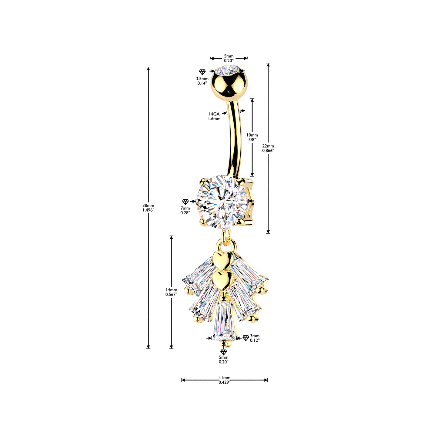 Heart + Baguette Fan Navel Dangle 14g