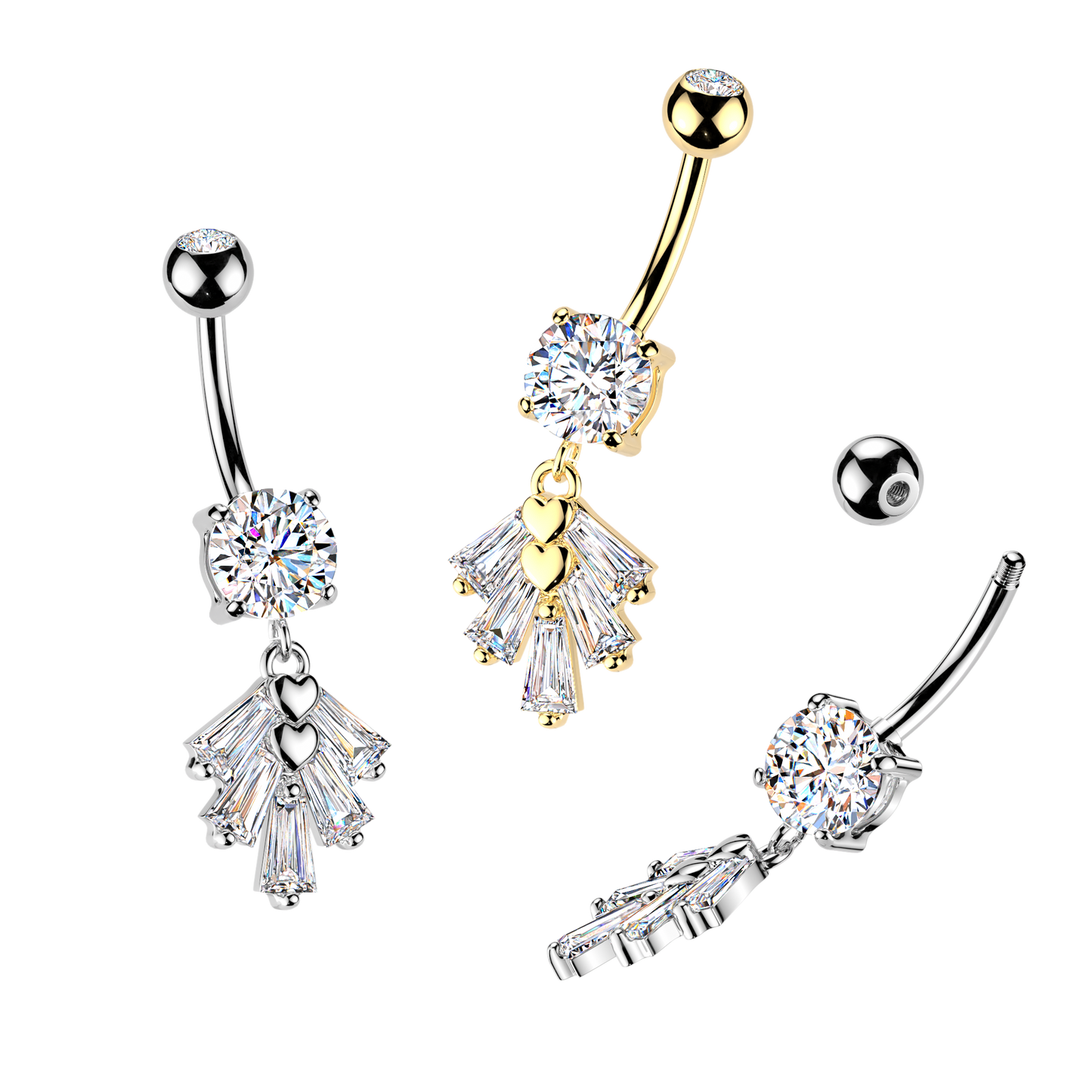 Heart + Baguette Fan Navel Dangle 14g