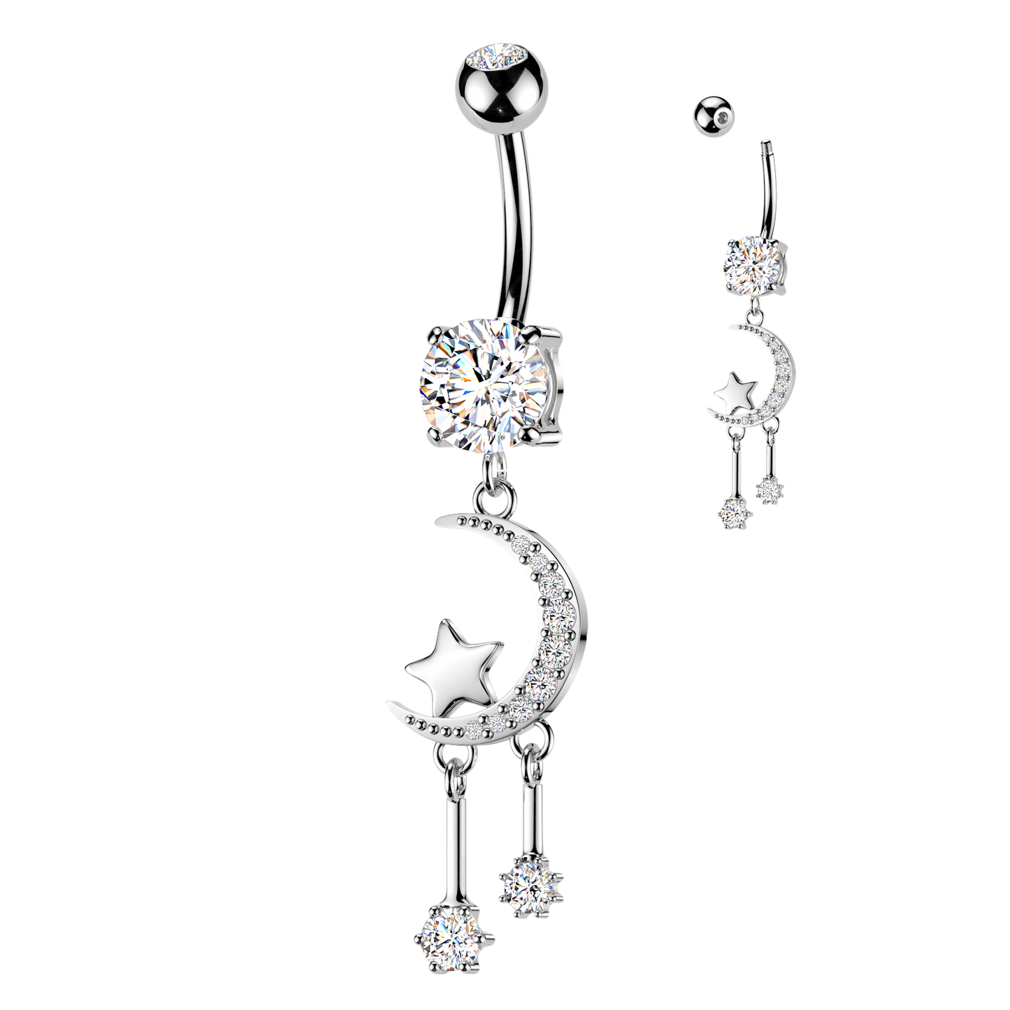 3-Crystal Crescent Moon + Star Navel Dangle 14g