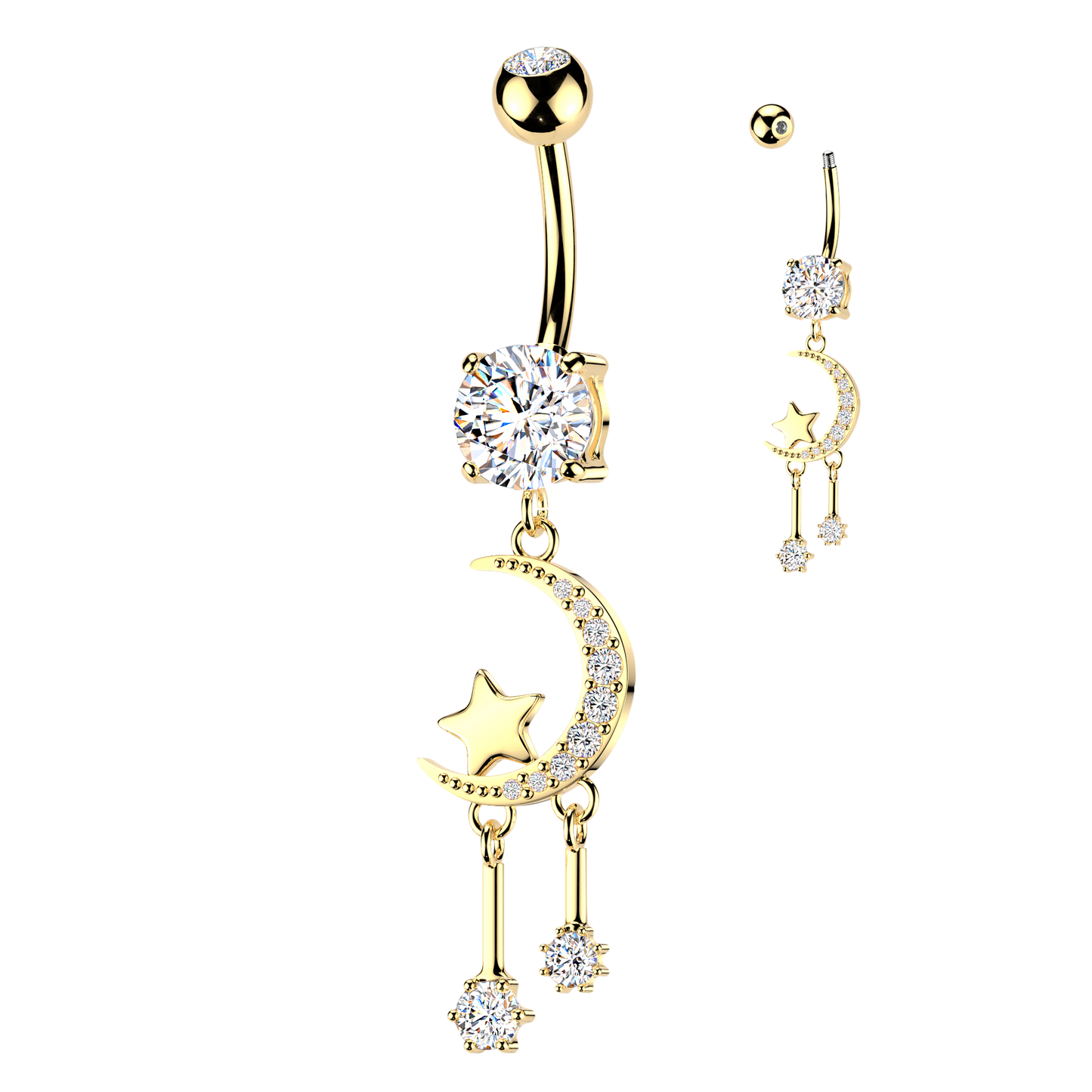 3-Crystal Crescent Moon + Star Navel Dangle 14g