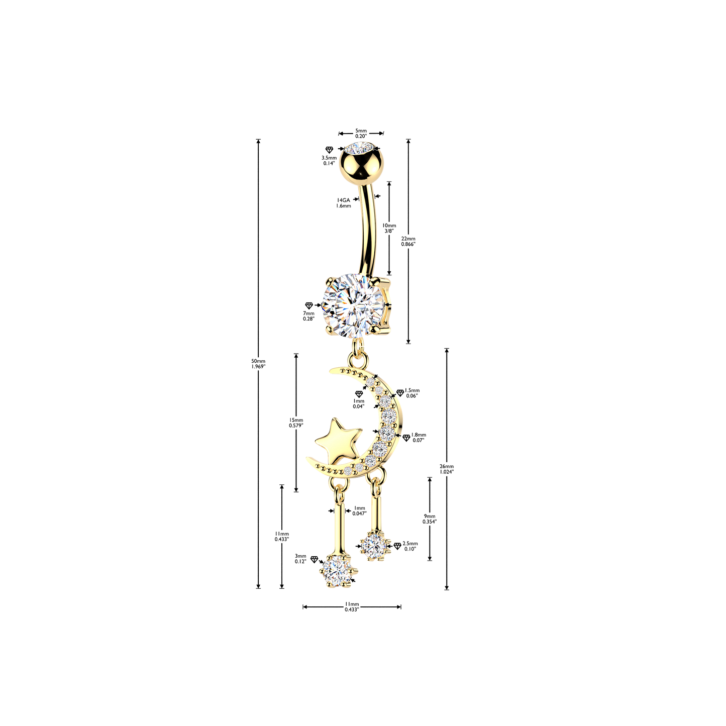 3-Crystal Crescent Moon + Star Navel Dangle 14g