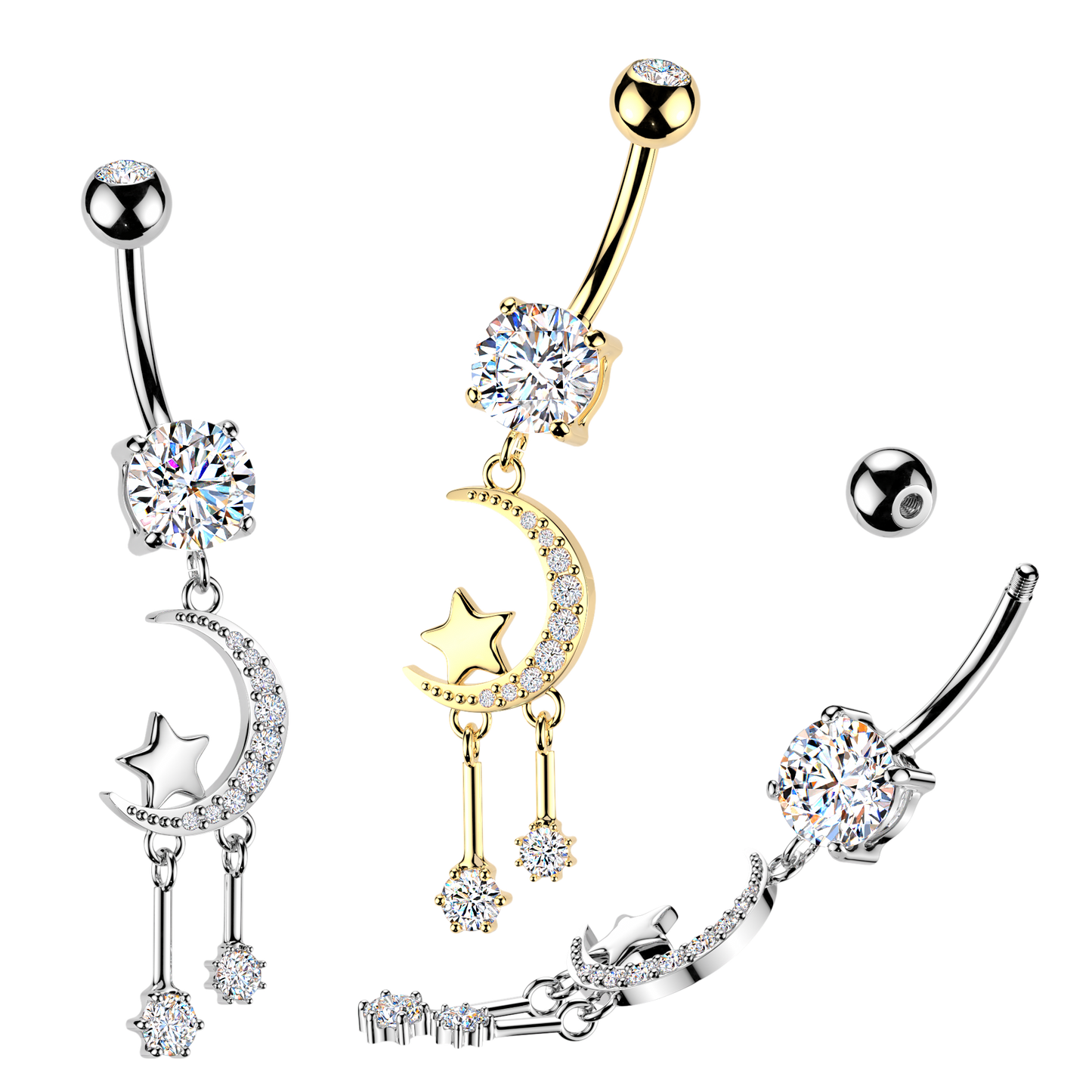 3-Crystal Crescent Moon + Star Navel Dangle 14g
