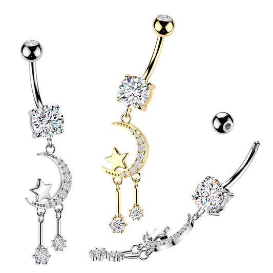 3-Crystal Crescent Moon + Star Navel Dangle 14g