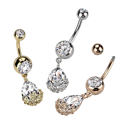 Filigree Floral Teardrop Belly Dangle 14g
