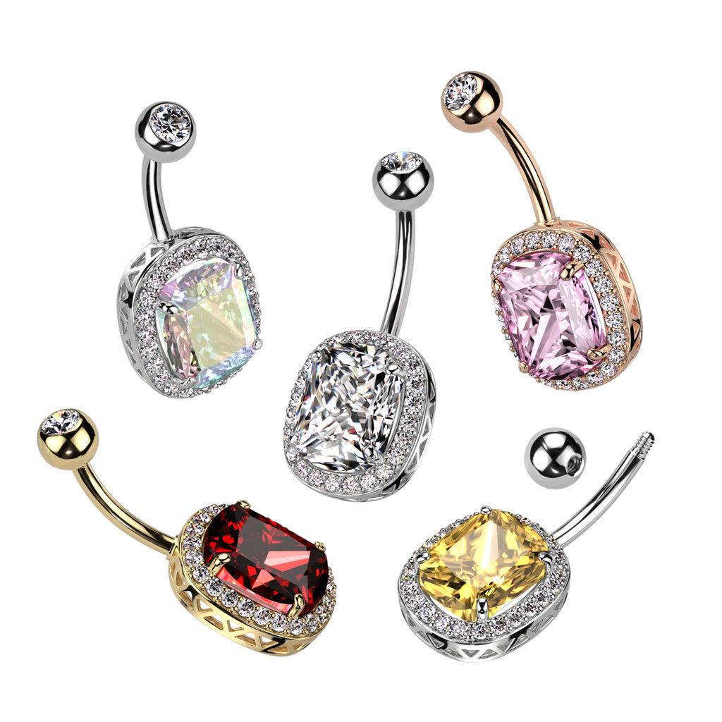Radiant-Cut Crystal Halo Belly Ring 14g