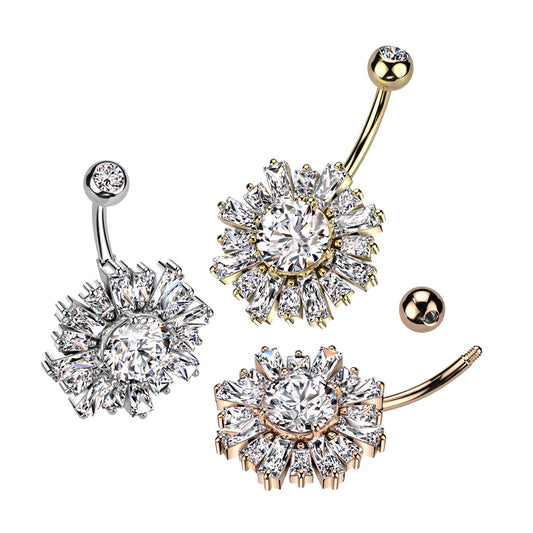 Square Cut Claw-Set Crystal Flower Navel Barbell 14g
