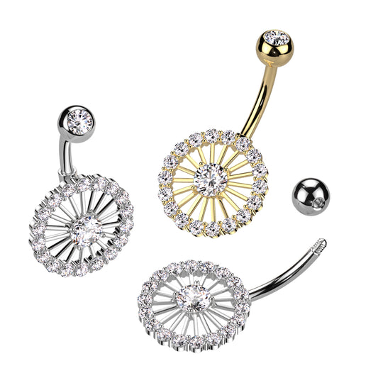 Spoked Wheel Crystal Halo Belly Ring 14g